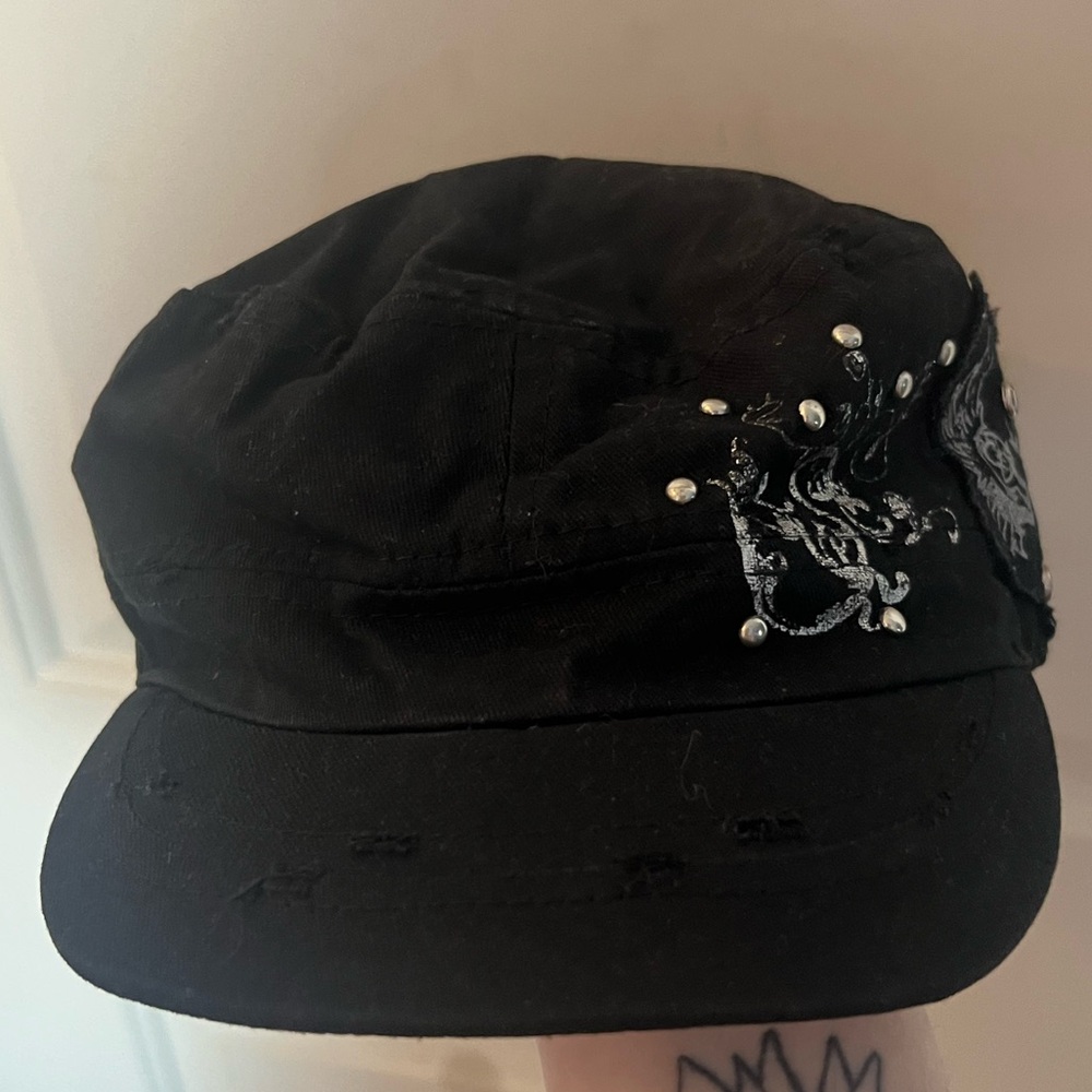 y2k style black and silver design cap hat